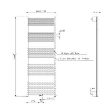 Handtuchheizkörper mit Mittelanschluss in gebürstetem Gold – 1600x600mm, 557 Watt