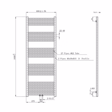 Handtuchheizkörper mit Mittelanschluss in gebürstetem Gold – 1600x600mm, 557 Watt