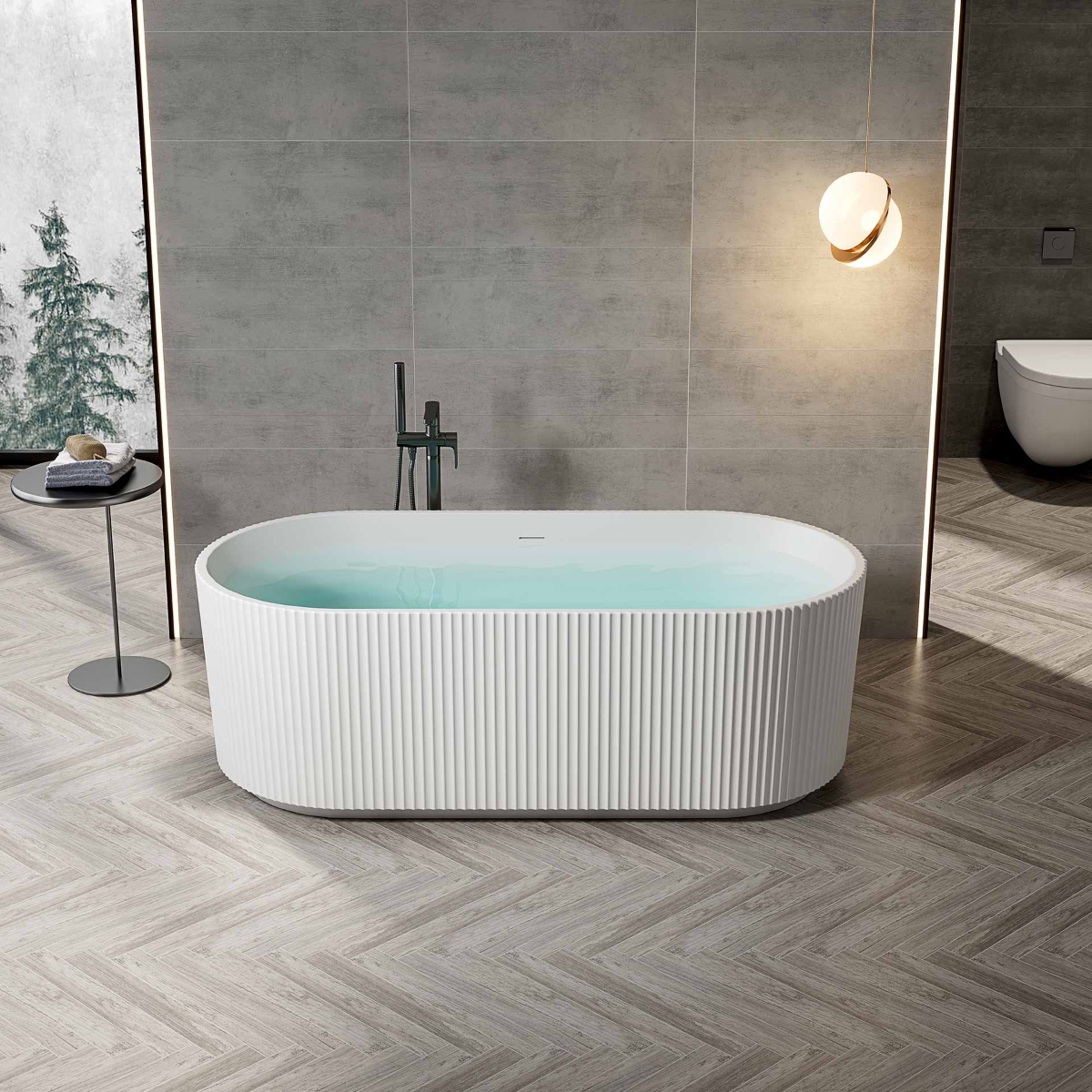 Belvit Freistehendes Design Bad Rondo Acryl Vertikal Streifen Mattweiß 170x80cm Ovale Luxus Wellness Wanne Inklusive Ab Überlaufgarnitur Doppelwandig