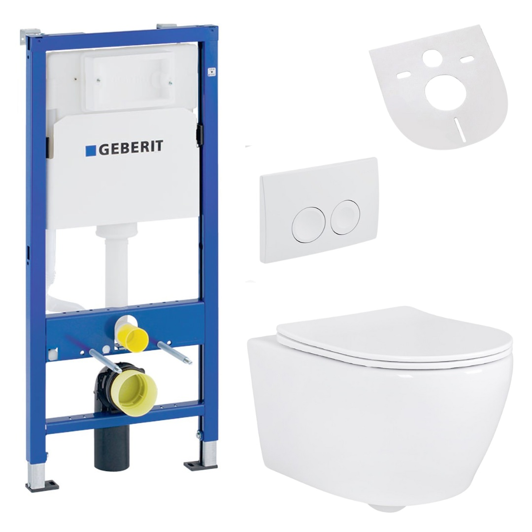 Belvit Hänge WC Set spülrandlos mit Softclose WC Sitz und Geberit UP100 Vorwandelement aus Keramik für Wandmontage