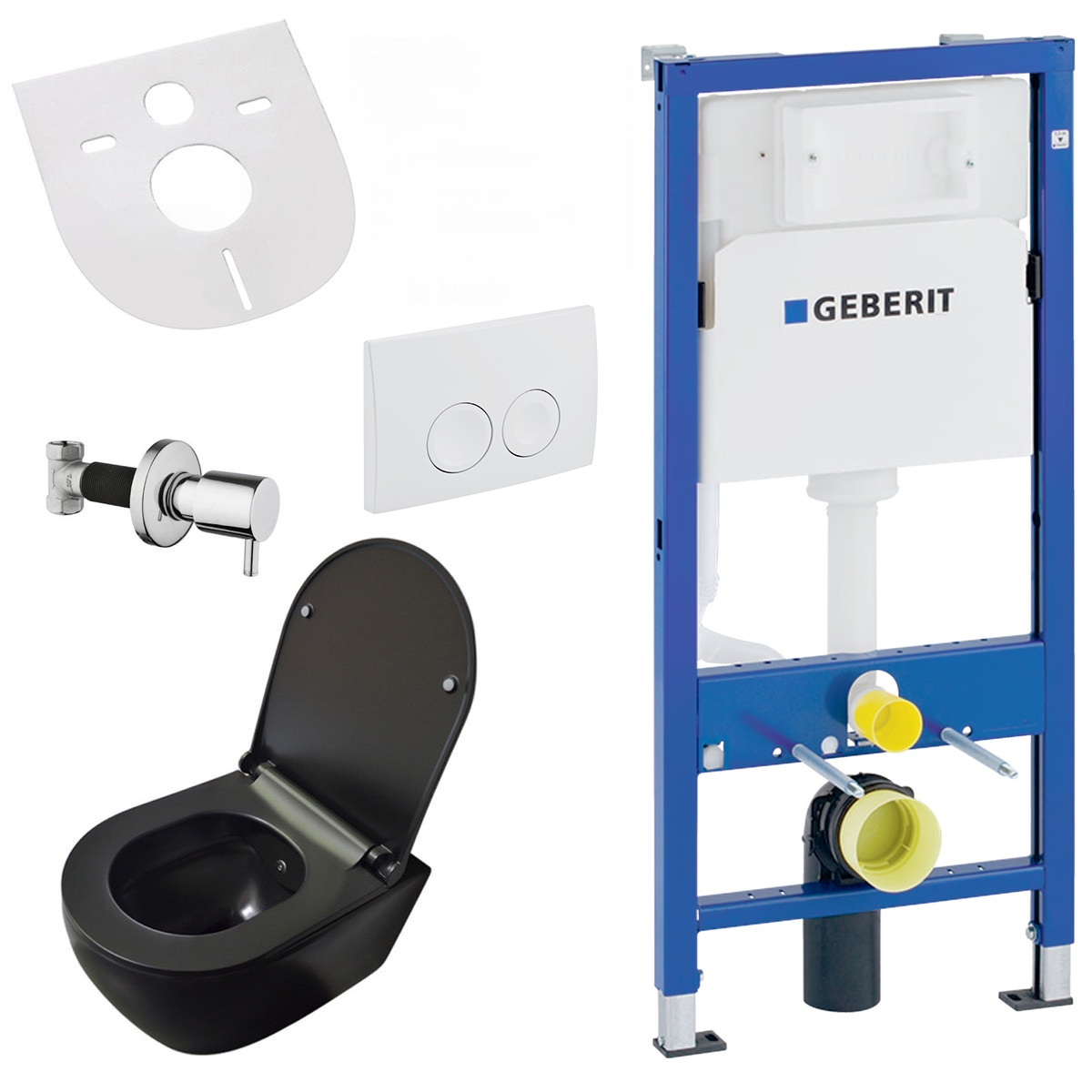 Belvit Wand WC Set spülrandlos Schwarz matt mit Taharet Bidet, Softclose Sitz und Geberit UP100 Vorwandelement Keramik