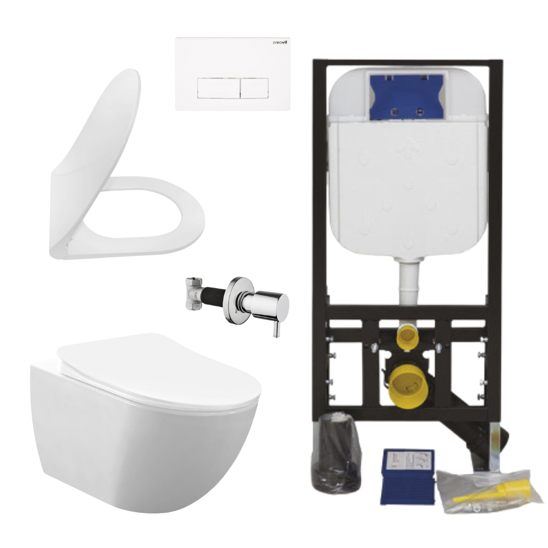 Creavit Hänge WC Set spülrandlos Weiß mit Edelstahl Taharet, Softclose WC Sitz und Vorwandelement Unterputz 3/6 L Spülkasten