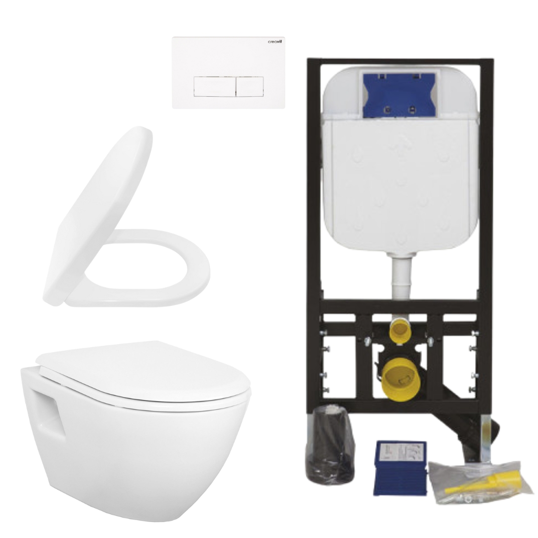 Creavit Hänge WC Set Weiß Keramik Wand WC mit Softclose Sitz und Unterputz Vorwandelement Spülkasten 3/6 L Komplettset