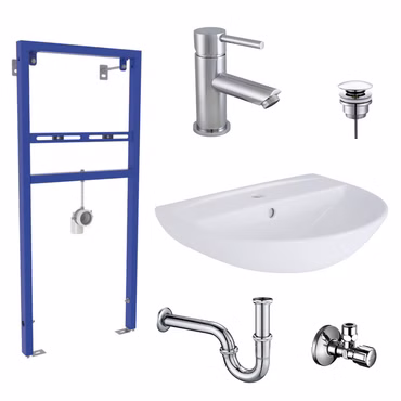Belvit Waschbecken Komplettset 60 cm Keramik mit Armatur, Vorwandelement, Siphon, Pusher, und SCHELL Eckventil