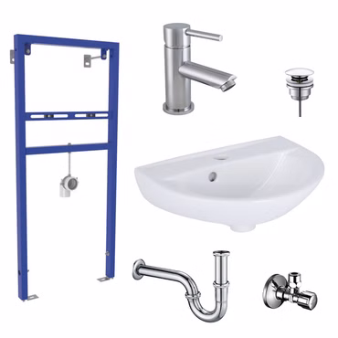 Belvit Waschbecken Komplettset 45cm Keramik Rosmarin mit Armatur, Vorwandelement, Pusher, Siphon und Schell Eckventil