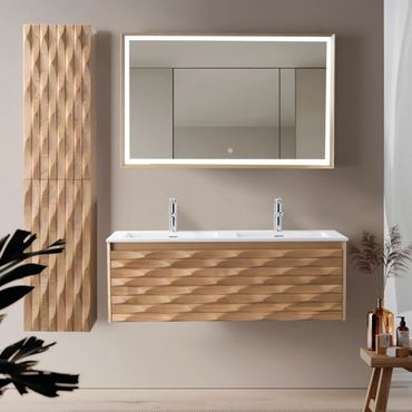 WONDA Doppelwaschbecken 120 cm mattweiß Polyresin mit Überlauf und 2 Hahnlöchern quadratisch schlank