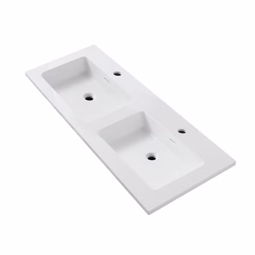 BELVIT Doppelwaschbecken 120 cm mattweiß Mineralguss Slim 1,6 cm mit Überlauf und 2 Hahnlöchern Rechteck
