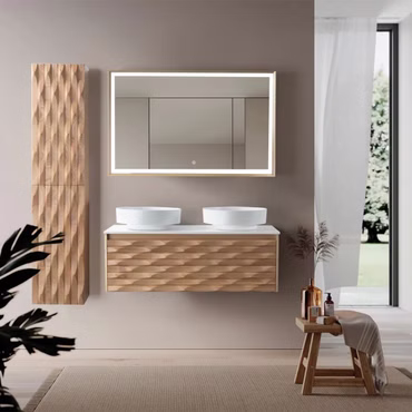 BELVIT ARGENA Waschtischunterschrank 120cm 1 Schublade Grifflos Softclose Helle Eiche Wellenmuster Multiplex Eschenfurnier