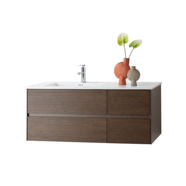 Waschbecken Set WONDA 120 cm linksseitiges Becken Mattweiß Kunstmarmor mit Unterschrank Nussbaum Dunkel