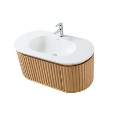 Waschbecken Set BEGONIA 100 cm Waschtisch mattweiß Kunstmarmor mit Unterschrank Eiche Natur