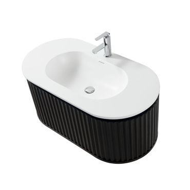 Waschbecken Set BEGONIA 100 cm Waschtisch mattweiß Kunstmarmor mit Unterschrank schwarze Eiche