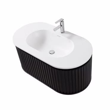 Waschbecken Set BEGONIA 100 cm Waschtisch mattweiß Kunstmarmor mit Unterschrank schwarze Eiche