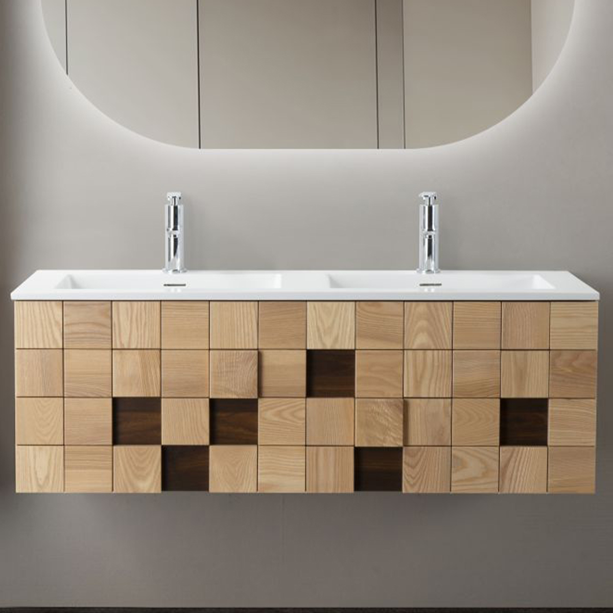 Waschbecken Set MOVEA 120 cm Waschbecken rund mattweiß Mineralguss mit Unterschrank helle Eiche
