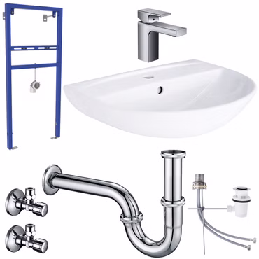 Waschbecken Komplettset Tulpe 55 cm mit Hansgrohe Armatur und Ablaufgarnitur mit Belvt Vorwandelement Siphon Schell Eckventil