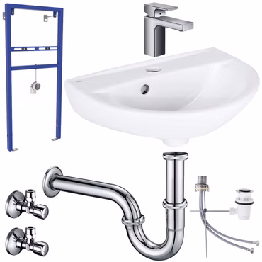 Waschbecken Komplettset Rosmarin 45 cm mit Hansgrohe Armatur und Ablaufgarnitur und Belvit Vorwandelement Siphon Schell Eckventil