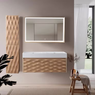 Doppelwaschbecken Set WONDA 120 cm mattweiß mit Unterschrank Eiche ohne Hahnloch Kunstmarmor