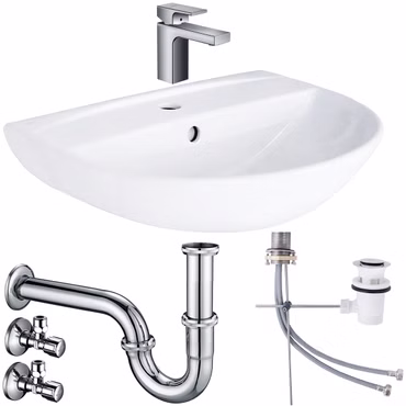 Waschbecken Komplettset Tulpe 55 cm mit Hansgrohe Armatur Ablaufgarnitur und Belvit Siphon Schell Eckventil