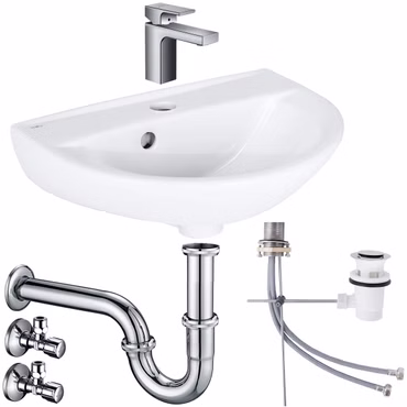Waschbecken Komplettset Rosmarin 45 cm mit Hansgrohe Armatur Ablaufgarnitur und Belvit Siphon Schell Eckventil