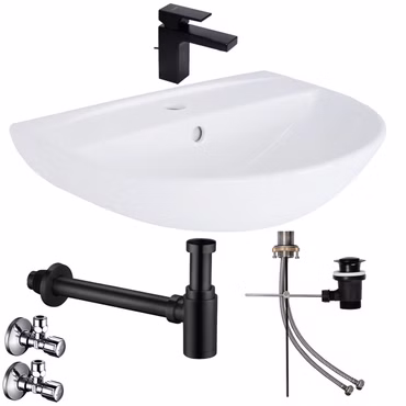 Waschbecken Komplettset Tulpe 50 cm mit Hansgrohe Armatur Ablaufgarnitur und Belvit Siphon + Schell Eckventil