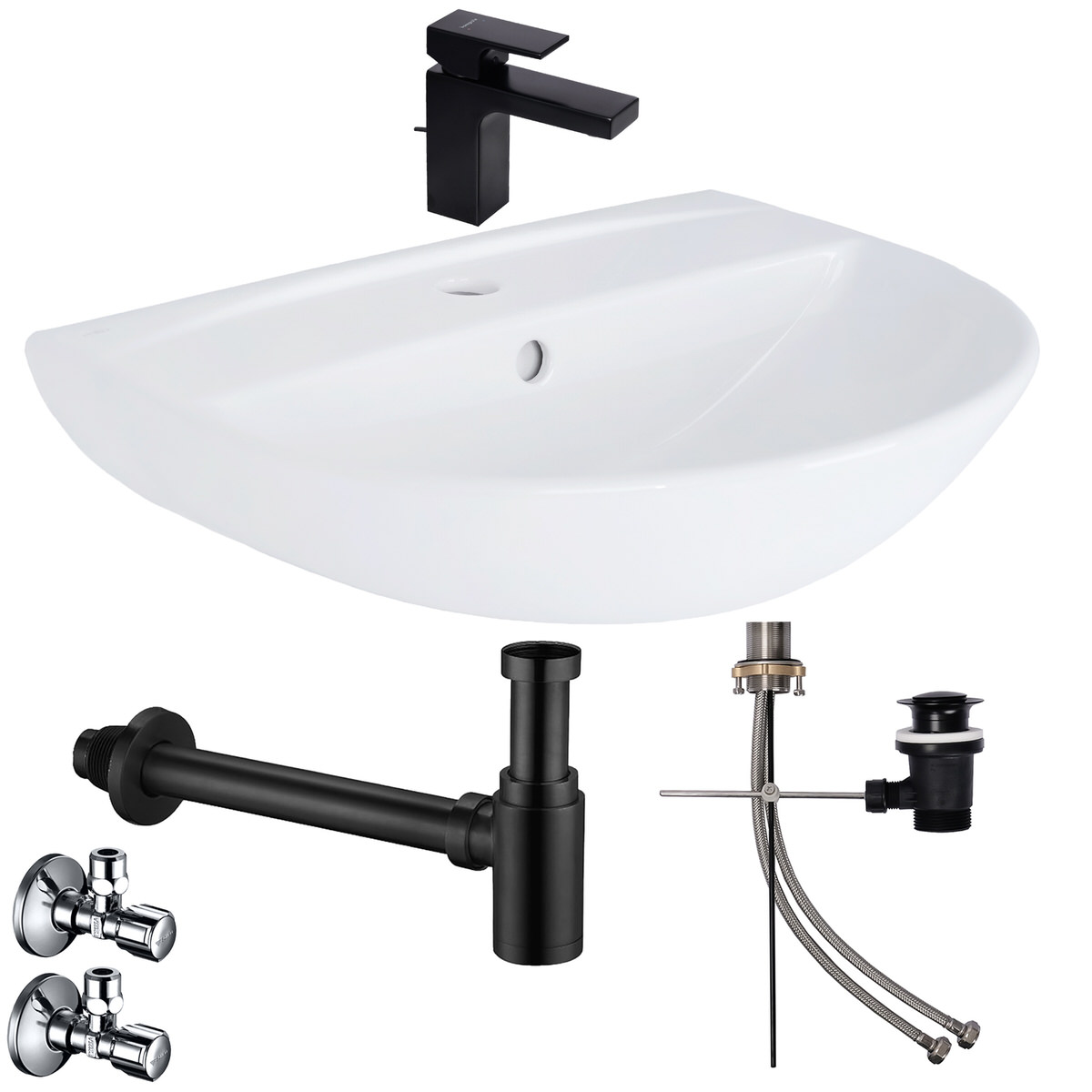 Waschbecken Komplettset Tulpe 60 cm mit Hansgrohe Armatur Ablaufgarnitur und Belvit Siphon + Schell Eckventil