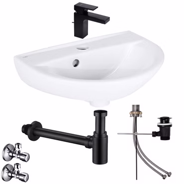 Waschbecken Komplettset Rosmarin 45 cm mit Hansgrohe Armatur Ablaufgarnitur und Belvit Siphon + Schell Eckventil schwarz