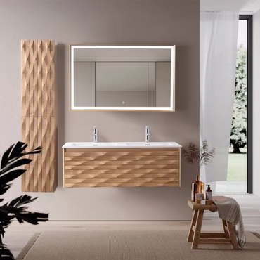 Doppelwaschbecken Badmöbel Set WONDA modern 120 cm mattweiß mit MAGNOLIA Unterschrank Eiche Softclose