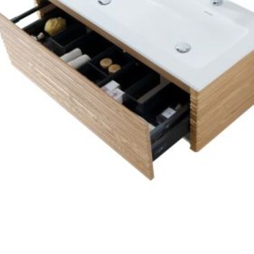 Waschbecken Set WONDA 120 cm rund mattweiß 2 Hahnlöcher rund KAMELIA Unterschrank Nussbaum