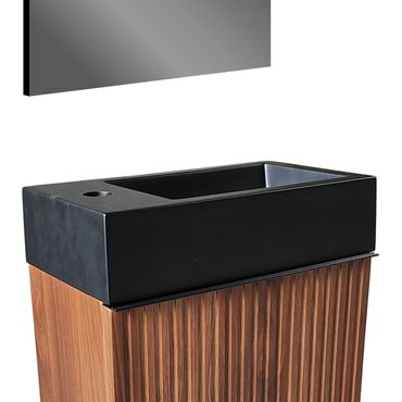 Belvit Waschbecken Set 40 cm Mattschwarz mit Waschtischunterschrank Nussbaum rechts platzsparend modern