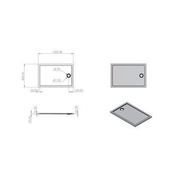 Belvit Duschwanne 120x80 cm aus Acryl rechteckig flach modern weiß