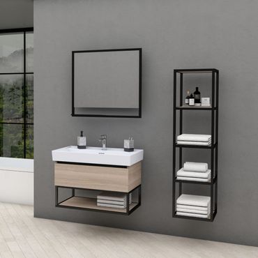 BELVIT Badmöbel Set mit Waschbecken 80 cm & Unterschrank 75 cm Nussoptik mit Metallgestell