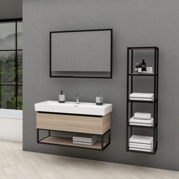 BELVIT Badmöbel Set mit Waschbecken 100 cm & Unterschrank 95 cm Nussoptik mit Metallgestell