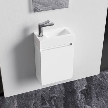 Belvit WC Möbelset komplett Unterschrank mit 1 Tür grifflos Soft Close umkehrbar Spiegel Waschbecken 40,5x22,5 cm weiß glänzend