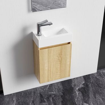 Belvit WC-Möbelset komplett Unterschrank mit 1 Tür grifflos soft close umkehrbar Spiegel Waschbecken 40,5x22,5 cm Eiche