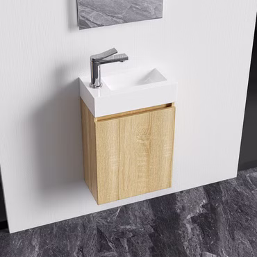 Belvit WC-Möbelset komplett Unterschrank mit 1 Tür grifflos soft close umkehrbar Spiegel Waschbecken 40,5x22,5 cm Eiche