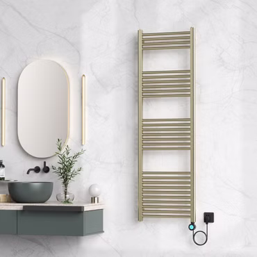BELVIT Elektrischer Badheizkörper mit Digitalem Thermostat Smart WiFi Rechtsanschluss 700W Gold Gebürstet 1600x500 mm