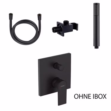 Duschset mit Hansgrohe Vernis Shape Unterputz Wannenmischer und Belvit Handbrause Wandanschlussbogen Mattschwarz