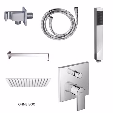 Duschset mit Hansgrohe Vernis Shape Unterputz Wannenmischer und Belvit Regendusche 30x30 cm Handbrause Wandanschlussbogen Chrom