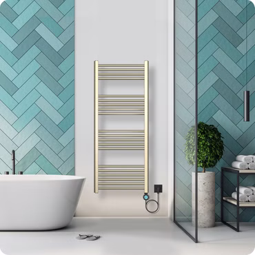 BELVIT Elektrischer Badheizkörper mit Digitalem Thermostat Smart WiFi Rechtsanschluss 700W Gold Gebürstet 1200x500 mm
