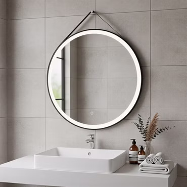 BELVIT Runder LED Spiegel mit Touch Funktion und Gurt 60 cm Mattschwarz Badspiegel mit Beleuchtung