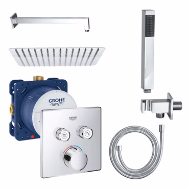 Duschset GROHE SmartControl Unterputzmischer Rapido Einbaukörper Chrom eckig mit Regendusche Handbrause Wandanschlussbogen
