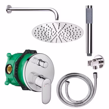 Duschset mit Hansgrohe Vernis Blend Unterputz Wannen-/Duschmischer iBox universal Chrom rund und Belvit Regendusche Handbrause Duschschlauch Brausearm Wandanschluss Wandanschlussbogen