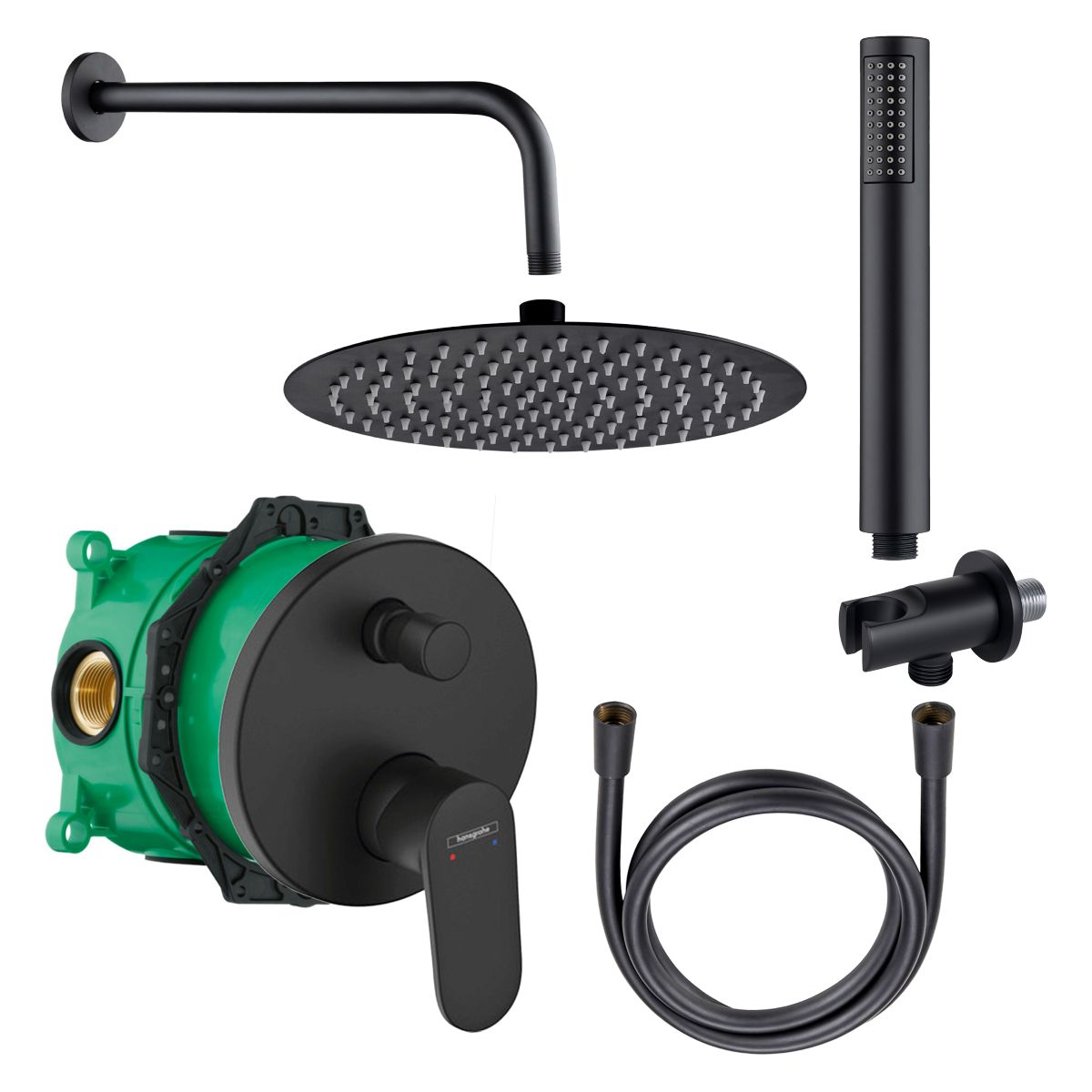 Duschset mit Hansgrohe Vernis Blend Unterputz Wannen-/Duschmischer iBox universal Schwarz rund mit Belvit Regendusche Handbrause Duschschlauch