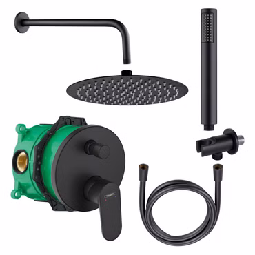 Duschset mit Hansgrohe Vernis Blend Unterputz Wannen-/Duschmischer iBox universal Schwarz rund mit Belvit Regendusche Handbrause Duschschlauch Brausearm Wandanschlussbogen