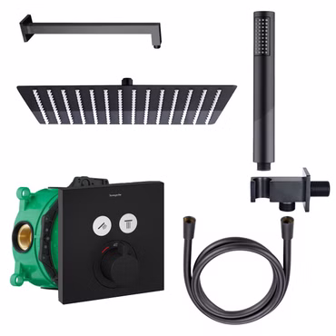 Duschset Hansgrohe LivaFine Thermostat Unterputz iBox universal Schwarz eckig mit Regendusche Handbrause Duschschlauch Brausearm Wandanschlussbogen