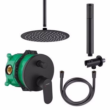 Duschset mit Hansgrohe Vernis Blend Unterputz Wannen-/Duschmischer iBox universal Schwarz rund und Belvit Regendusche Handbrause Duschschlauch Brausearm Deckenanschluss Wandanschlussbogen