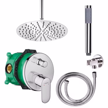 Duschset mit Hansgrohe Vernis Blend Unterputz Wannen-/Duschmischer iBox universal Chrom rund und Aloni Regendusche Handbrause Duschschlauch Brausearm Deckenanschluss Wandanschlussbogen