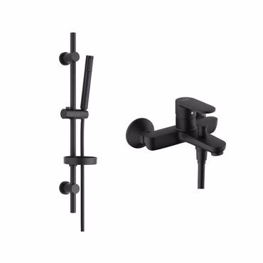 Set mit Hansgrohe Vernis Blend Wannenmischer schwarz matt und Belvit Duschstange Kopfbrause