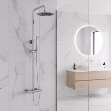 Duschsystem Duschgarnitur Chrom rund mit Regendusche Handbrause Thermostat und Duschstange
