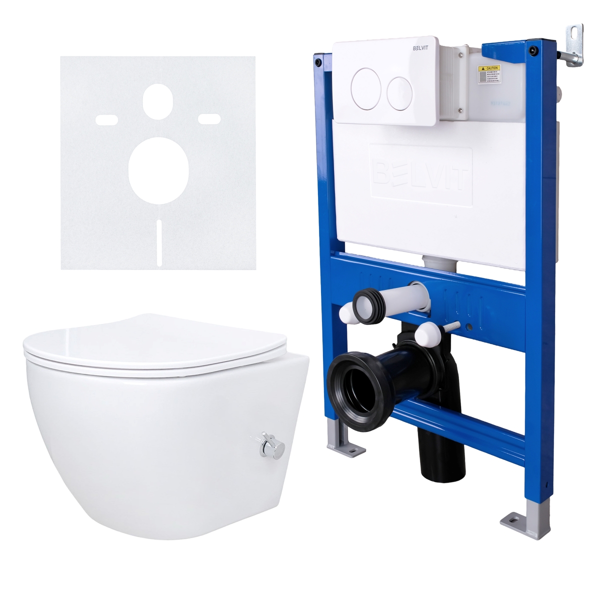 BELVIT WC Komplettset spülrandloses Dusch-WC Bidetfunktion Armatur mit Vorwandelement 75-82 cm Softclose Deckel Drückerplatte Weiß