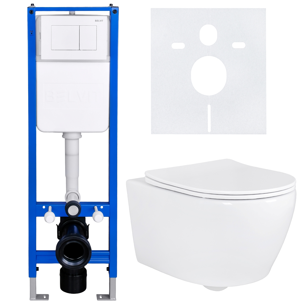 BELVIT WC Komplettset spülrandlos mit Bidetfunktion Eck-Vorwandelement Soft-Close Sitz Drückerplatte Weiß